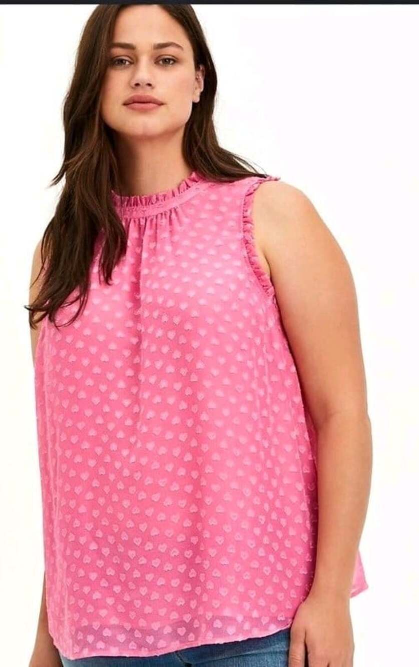Torrid (1) Pink Heart Chiffon Mock Neck Ruffle Sleeveless Tank Top Plus 1X